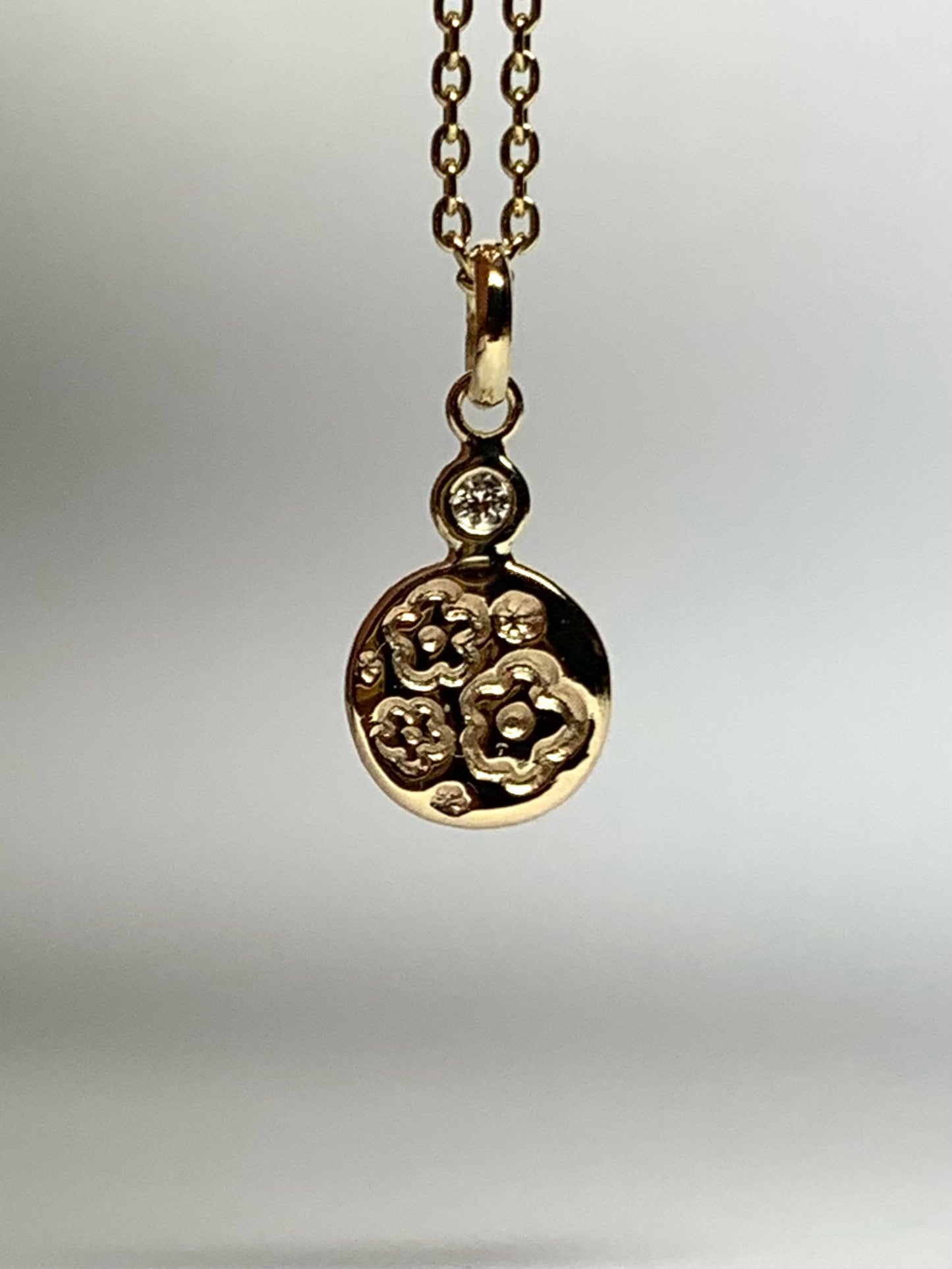 14K Solid Yellow Gold Nugget “Flowers” Mini Pendant, White Diamond, Tiny Charm