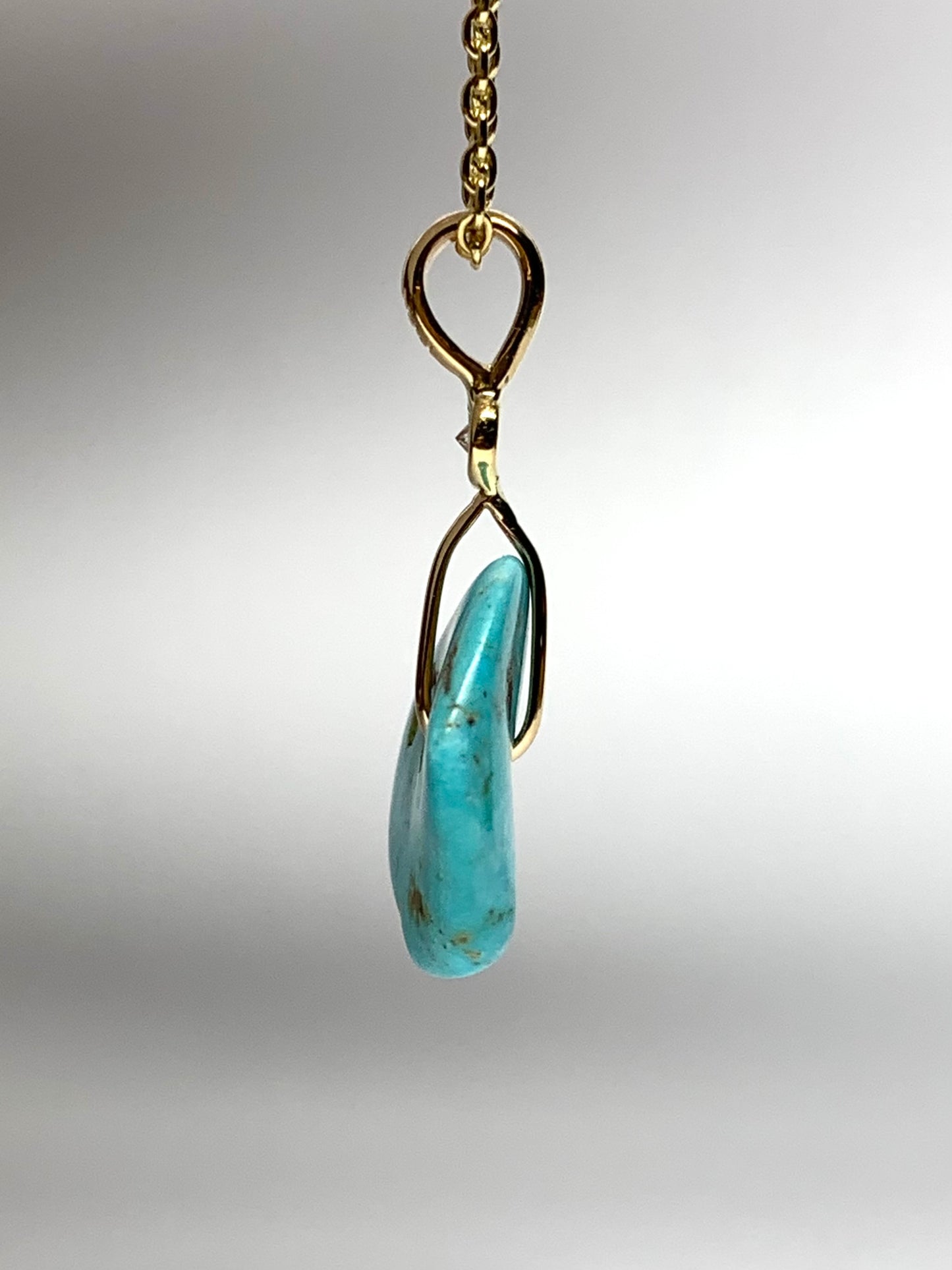 14K Solid Yellow Gold, White Diamond, Blue Turquoise “Donut” Mini Pendant