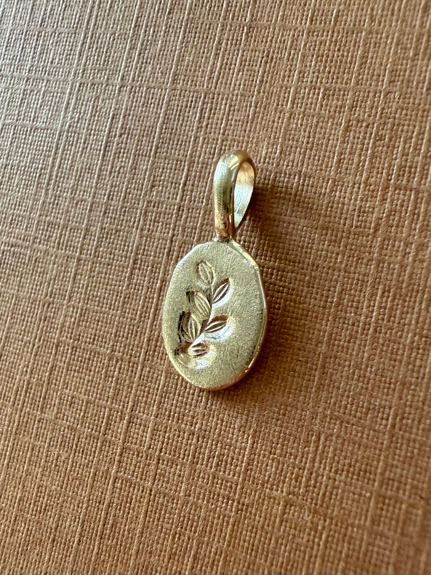 14k Solid Yellow Gold Nugget “Olive Branch”, Mini Pendant, Tiny Charm, Brushed Satin Finish