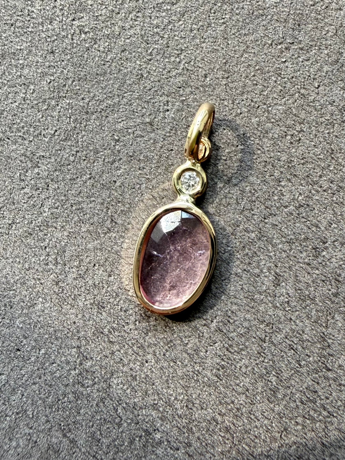14k Solid Yellow Gold, White Diamond, Pink Tourmaline Tiny Pendant