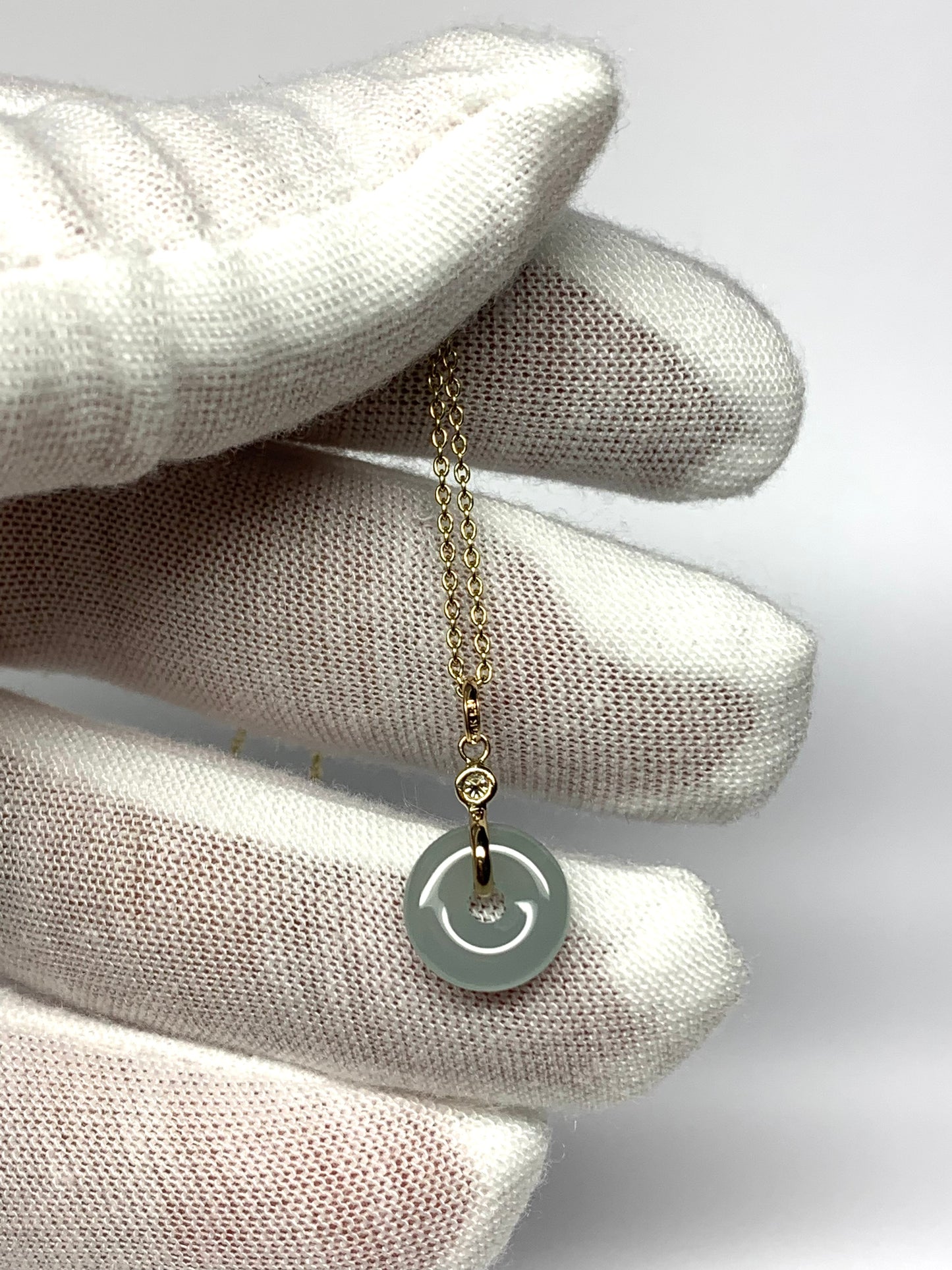 14k Solid Yellow Gold, White Diamond, Pale Green Jade “Donut” Pendant, Tiny Size