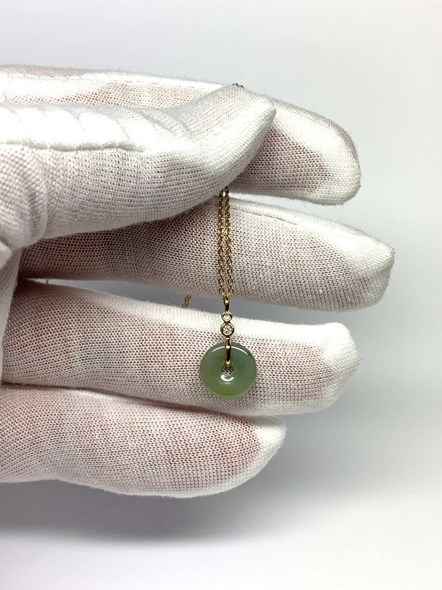 14k Solid Yellow Gold, White Diamond, Pale Green Jade “Donut” Pendant, Tiny Size