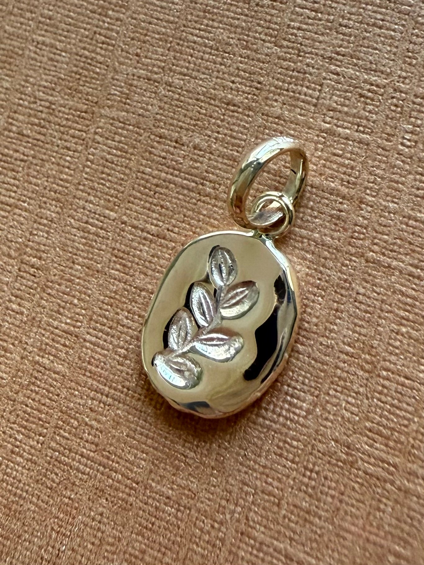10k Solid Yellow Gold Nugget “Olive Branch” Mini Pendant, Tiny Charm