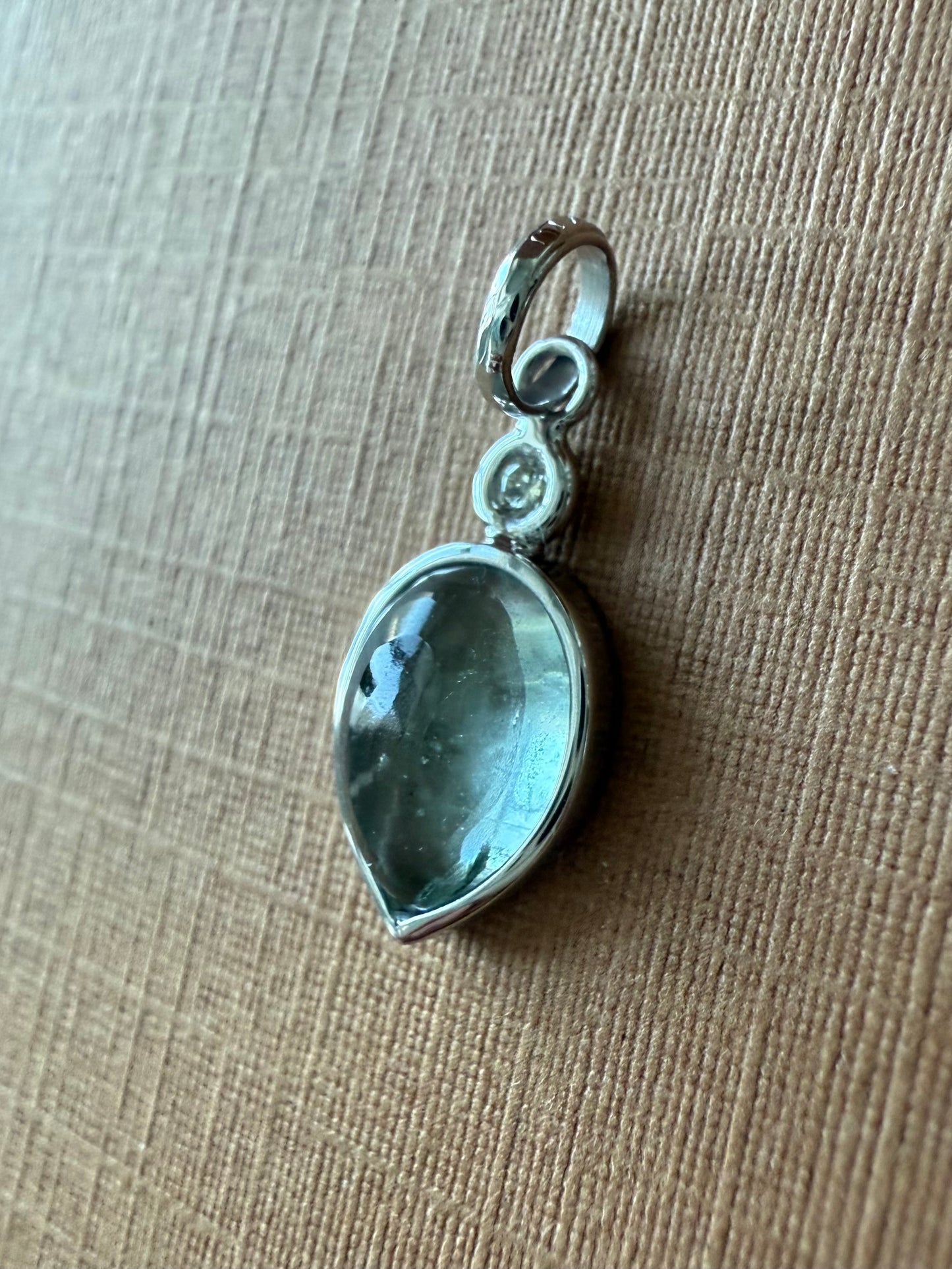 14k Solid White Gold, Diamond, Pale Blue Aquamarine Pear Cabochon Pendant, Mini Size