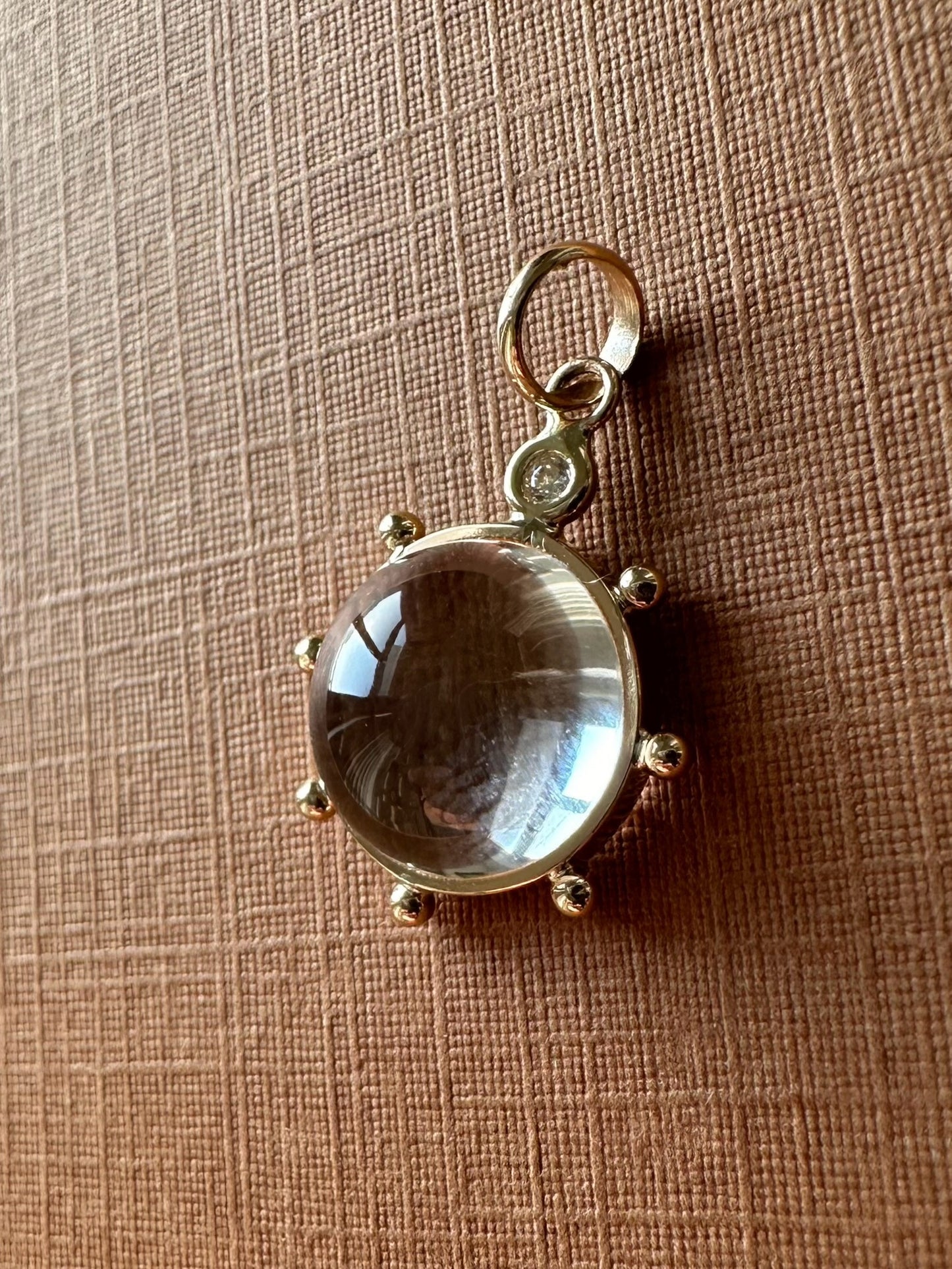 14k Solid Yellow Gold, Clear Quartz, Diamond “Sun” Pendant, Mini Size