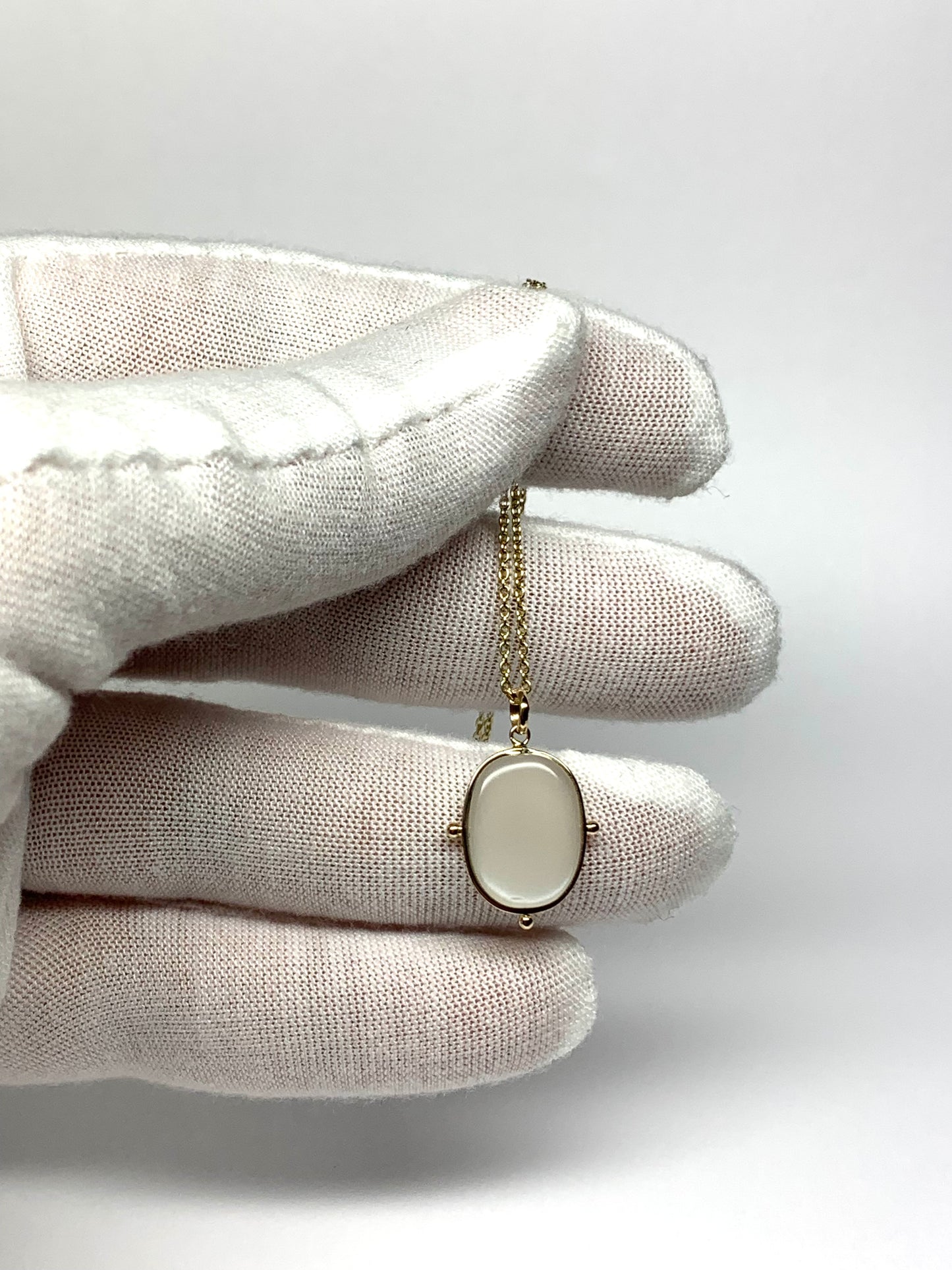 14k Solid Yellow Gold, White Moonstone Flat Cabochon Pendant, With Golden Dots