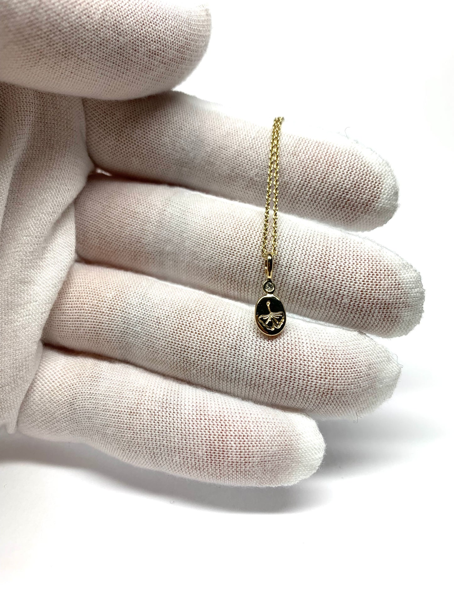 14K Solid Yellow Gold Nugget “Ginkgo” Mini Pendant, White Diamond, Tiny Charm