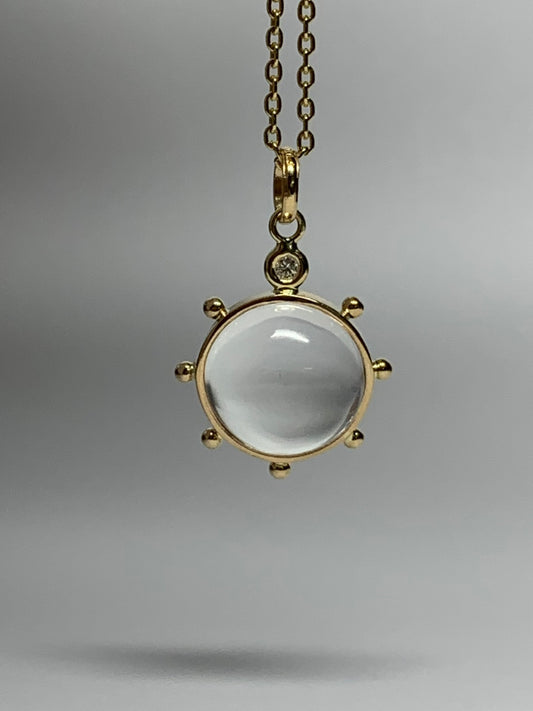 14k Solid Yellow Gold, Clear Quartz, Diamond “Sun” Pendant, Mini Size