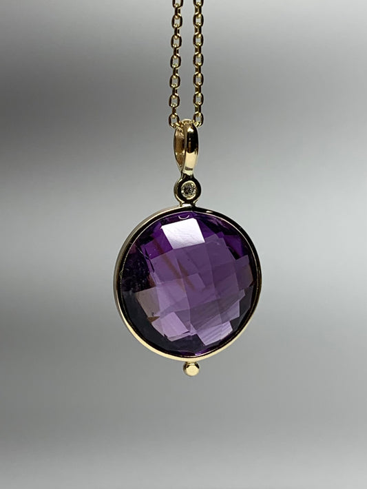 14K Solid Yellow Gold, Diamond, Purple Amethyst Pendant