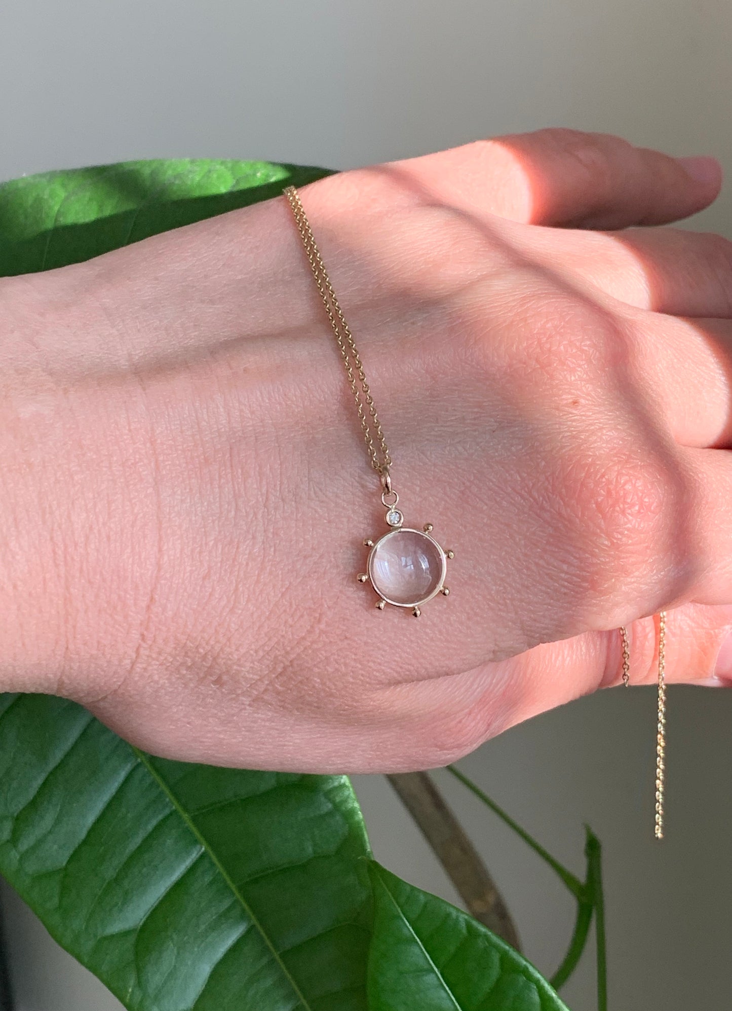 14k Solid Yellow Gold, Clear Quartz, Diamond “Sun” Pendant, Mini Size