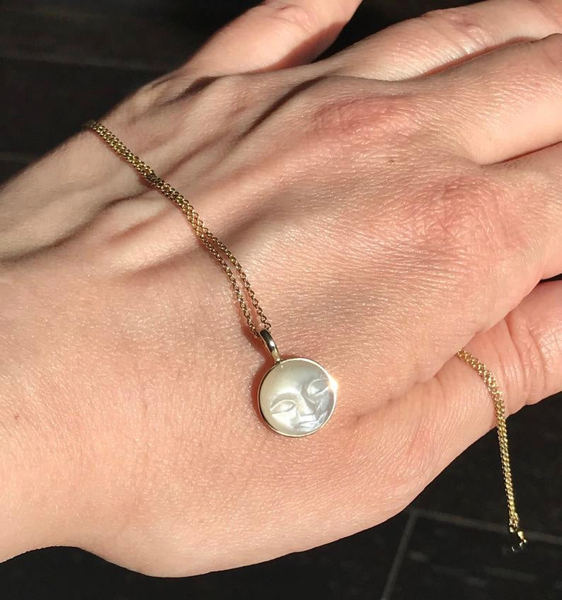 "The Moon" Pendant, 14K Solid Yellow Gold, White Moonstone, Small Size