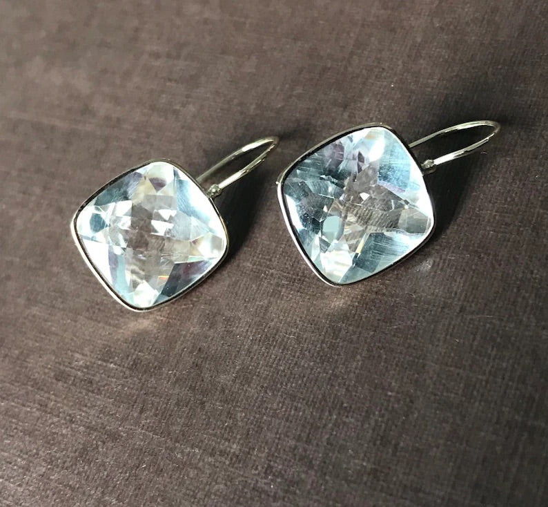 14k Solid Yellow Gold, Clear White Topaz Earrings, Checkerboard Cut, Fish Hook Ear Wire