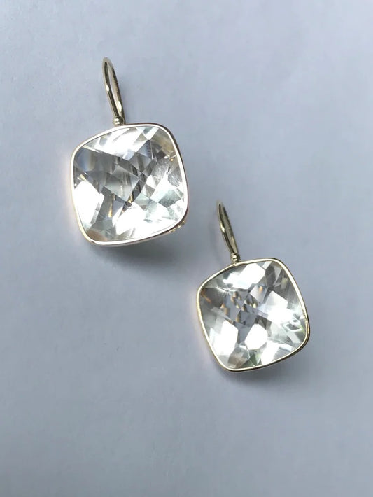 14k Solid Yellow Gold, Clear White Topaz Earrings, Checkerboard Cut, Fish Hook Ear Wire