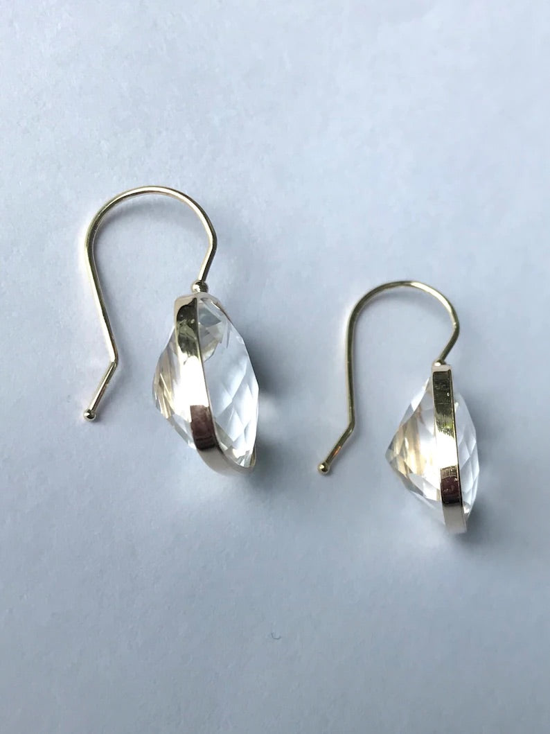 14k Solid Yellow Gold, Clear White Topaz Earrings, Checkerboard Cut, Fish Hook Ear Wire