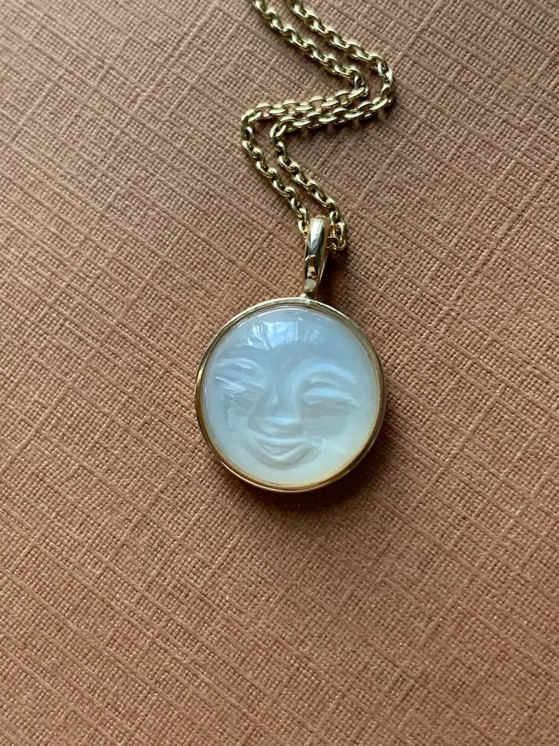 "The Moon" Pendant, 14K Solid Yellow Gold, White Moonstone, Small Size