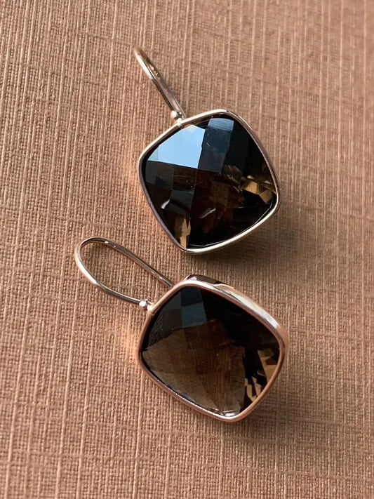 14k Solid Gold Smoky Quartz Earrings, Cushion Shaped, Checkerboard Cut, Fish Hook Ear Wires