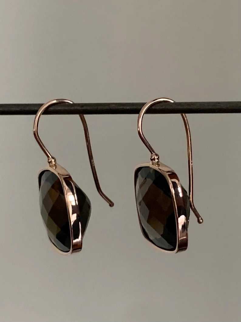 14k Solid Gold Smoky Quartz Earrings, Cushion Shaped, Checkerboard Cut, Fish Hook Ear Wires